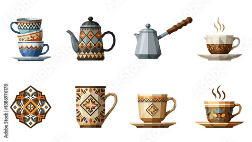 Geometric coffee and tea set with ethnic patterns and warm tones