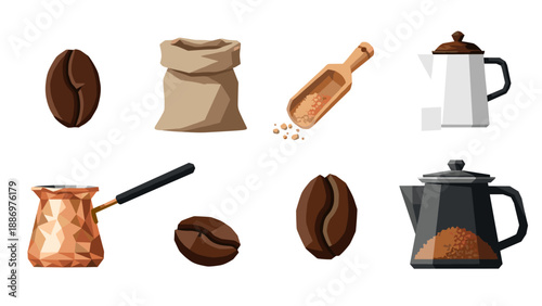 Coffee brewing essentials with beans, pots, and accessories in modern design