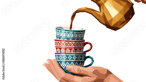Low Poly Low poly hand holding stacked patterned cups while pouring coffee from a golden teapot