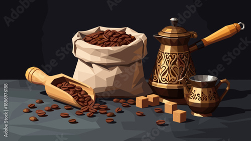 Low poly coffee beans and traditional arabic coffee set with wooden scoop on dark background