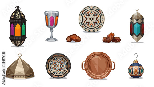 Colorful geometric islamic decor with lanterns, plates, and dates