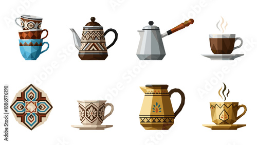 Low Poly Collection of stylized geometric coffee cups, teapots, and a decorative tile