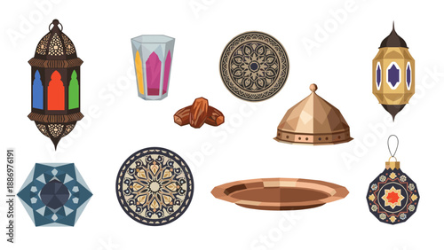 Low Poly Collection of Islamic cultural elements including lanterns, dates, and decorative items