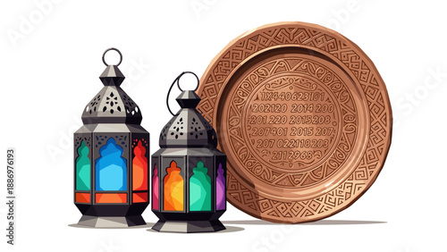 Decorative arabic lanterns and intricate carved plate with geometric patterns