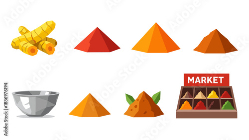 Colorful spice set with turmeric and various powders in flat style for market design