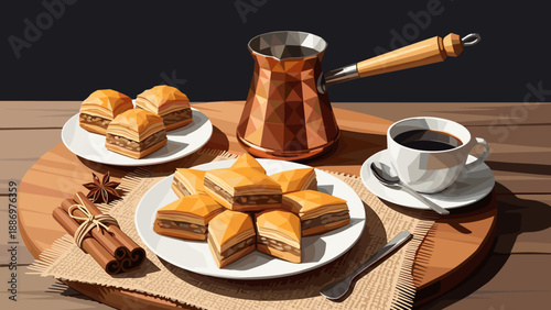 Geometric coffee and baklava feast on wooden table