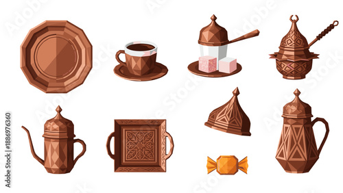 Traditional turkish coffee set with geometric low poly design