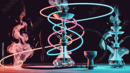 Low Poly Modern low poly hookah with neon lights and smoke in a dark, moody atmosphere