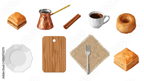 Low Poly Collection of Middle Eastern sweets, coffee, and serving items in a low-poly style
