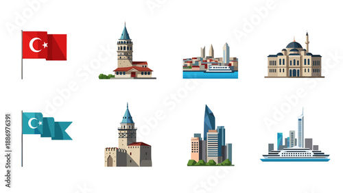 Low Poly Collection of Turkish landmarks and flags, modern cityscapes, and transportation