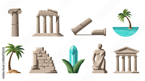 Collection of ancient Greek ruins, statues, and tropical island elements