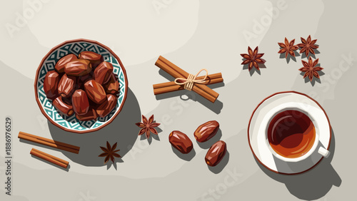 Aromatic dates, cinnamon sticks, star anise, and a cup of tea arranged on a neutral surface
