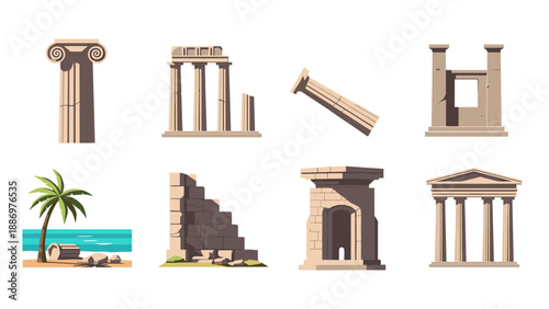 Collection of ancient Greek and Roman architectural ruins and elements