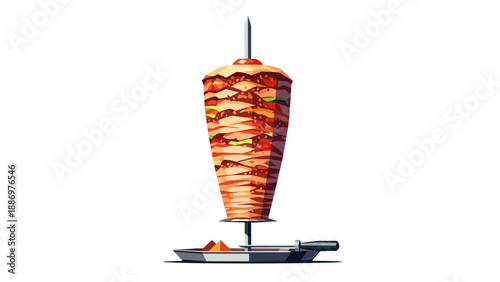 Vertical rotating meat skewer with shaved meat and a knife on a platter