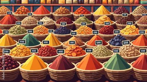 Vibrant display of colorful ground spices and herbs in woven baskets at a market stall