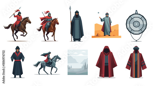 Collection of historical figures and attire in a flat, stylized illustration style