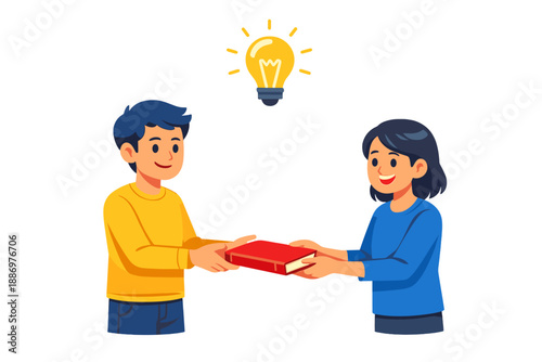 Two people exchanging a book in a bright setting with a light bulb above their heads during the day, focusing on the act of sharing knowledge