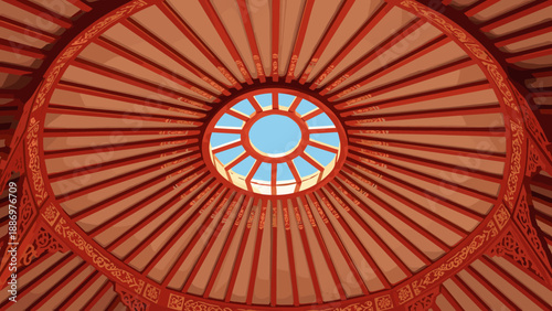 Looking up at the intricate wooden ceiling and circular skylight of a traditional yurt