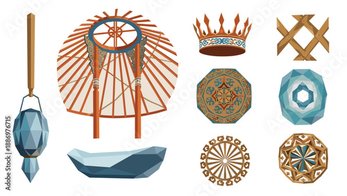 Collection of traditional nomadic dwelling elements and decorative ornaments