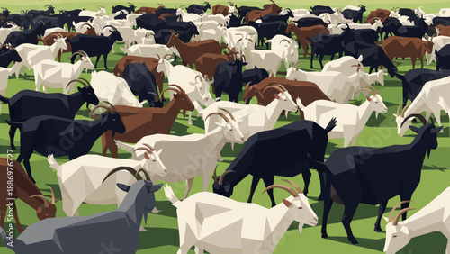 A large herd of diverse goats grazing peacefully on a lush green meadow under a clear sky