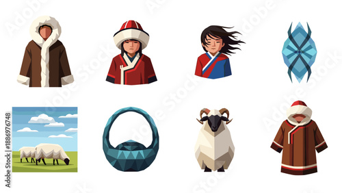 Collection of traditional clothing, animals, and objects from nomadic cultures