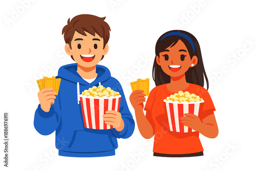 Friends enjoy popcorn and tickets at a movie theater during an evening outing in a lively atmosphere with excitement