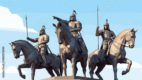 Low poly warriors on horseback under blue sky