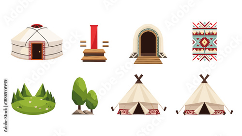Traditional nomadic elements featuring yurts, tipis, and ornamental designs