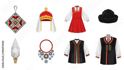 Traditional eastern european folk clothing and accessories set
