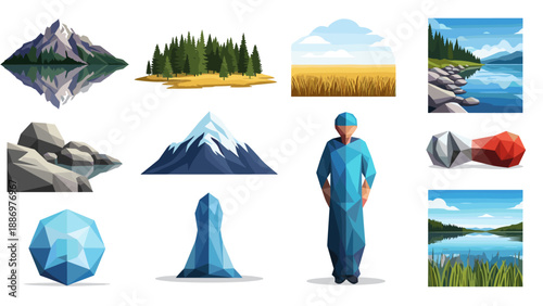 Geometric nature and abstract figures in low poly art style