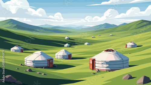 Idyllic landscape of yurts in vast green hills under clear blue sky