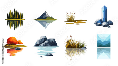 Geometric nature set: mountains, lakes, plants, crystals in low poly style