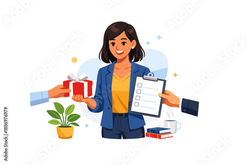Woman receiving a gift and a checklist in an office setting during daytime