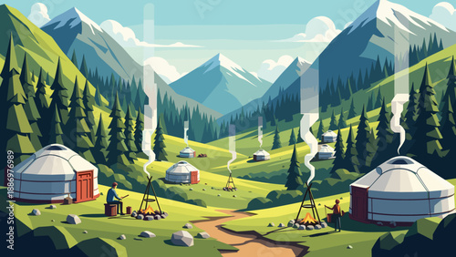 Nomadic yurts nestled in a lush green valley with snow-capped mountains in the background