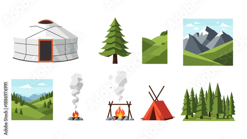 Geometric camping adventure with mountains and forest scenes
