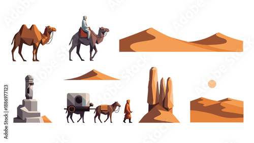 Desert journey scenes: camels, dunes, and ancient caravans