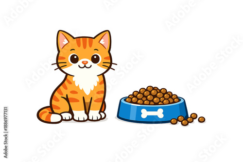 Cute orange cat sits next to its food bowl filled with kibbles and a few scattered kibbles on a white background