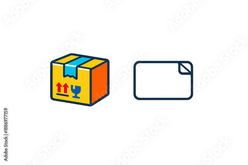 Carton package with shipping label and safety symbols in simple design showing item packaging and transportation process