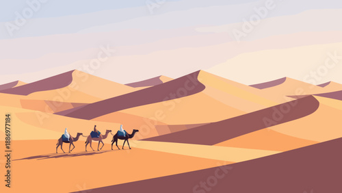 Caravan of camels traversing vast desert sand dunes under a soft pastel sky