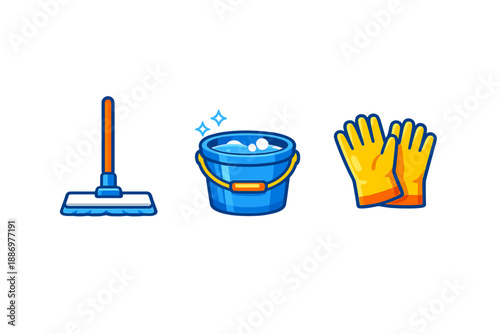 Cleaning tools setup for household chores with broom, bucket, and gloves ready for use in a home environment during daytime