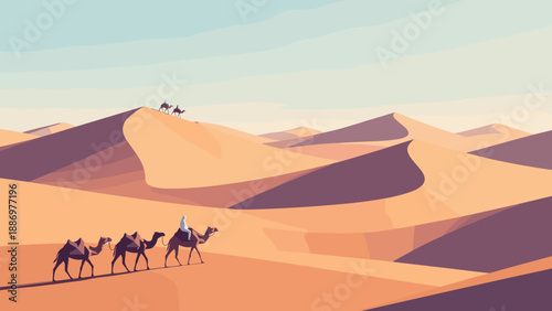 Caravan of camels crossing vast desert sand dunes under a clear sky