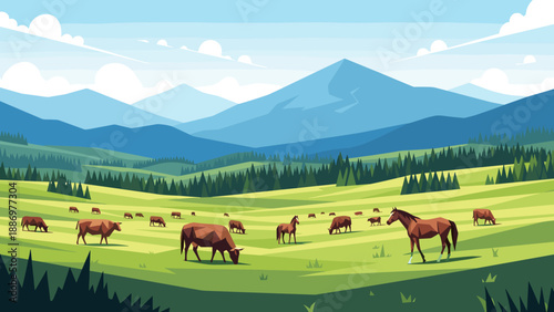 Peaceful pasture: grazing animals in rolling green hills with majestic mountain backdrop