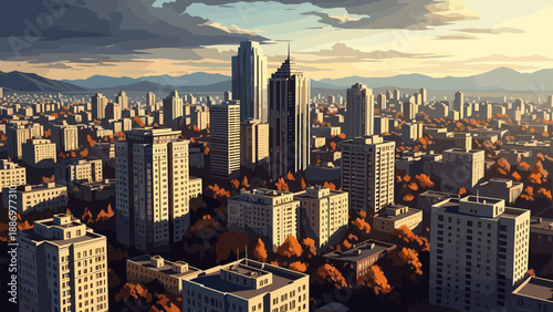 Autumn urban skyline with high-rise buildings and mountains in background