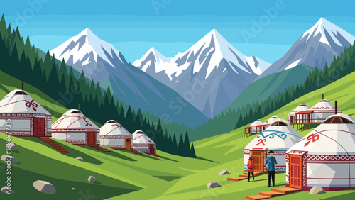 Traditional yurts nestled in a green mountain valley with snow-capped peaks in the background