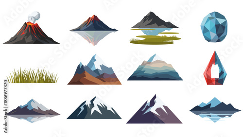 Collection of stylized mountain and volcano illustrations with natural elements and geometric shapes
