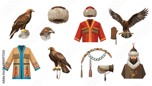 Traditional Kazakh eagle hunting attire and equipment set