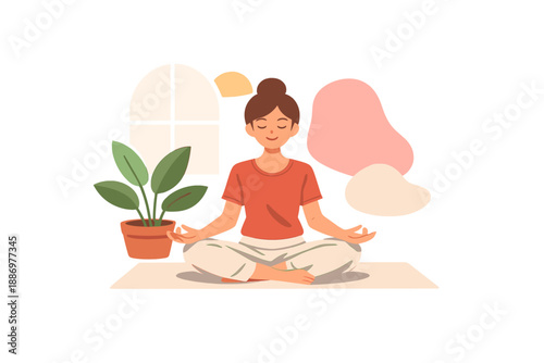 Meditation practice at home with plants in a cozy setting during daylight hours