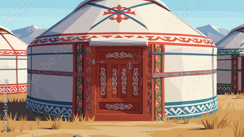 Traditional yurts with ornate doors stand in a dry, grassy landscape under mountains