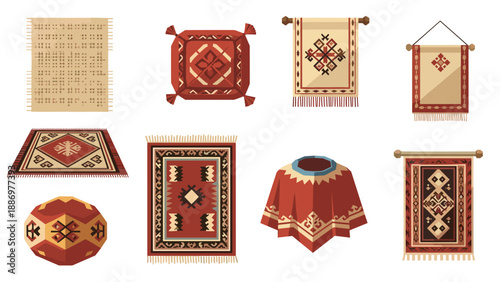 Collection of traditional woven textiles and rugs with geometric patterns