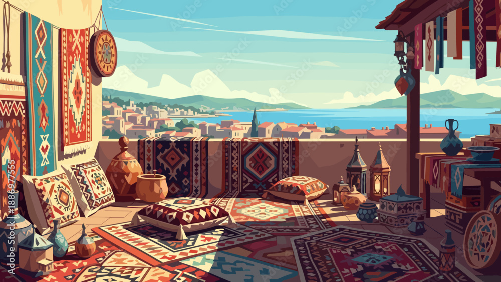 Fototapeta premium Balcony with traditional carpets and sea view in a Mediterranean town